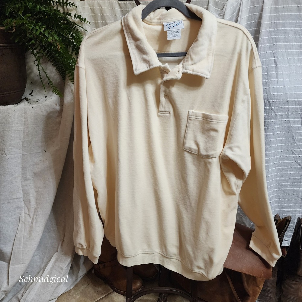 Irvine Park Mens Velour Polo Shirt Long Sleeve Cream Ivory Pocket Vintage XL